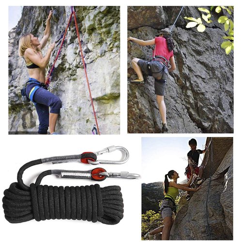 GINEE 10mm Rock Climbing Ropes 35FT Static Outdoor Safety Rope with Carabiner Arborist Tree Climb Rescue Grappling Lifeline Escape Descender Abseiling Rope Magnet Fishing Rope Black