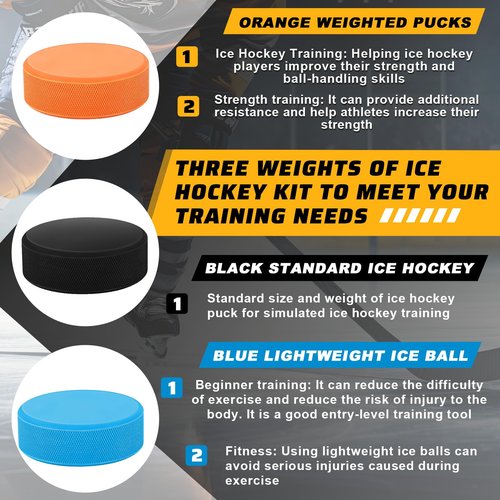 6 Pack Rubber Ice Hockey Pucks Weighted 10oz Lightweight 4oz Official Regulation Weight 6oz Training Puck Diameter 3" Thickness 1" with Mesh Carrying Bag for Stick Handling Training Drills
