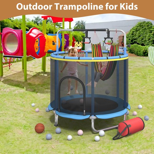 Pelnuies 60" Trampoline for Kids with Safety Net, 440lbs Indoor & Outdoor Toddler Trampoline with Swing, Adjustable Gym Bar & Basketball Hoop, Fun & Active Play for Boys & Girls, Blue