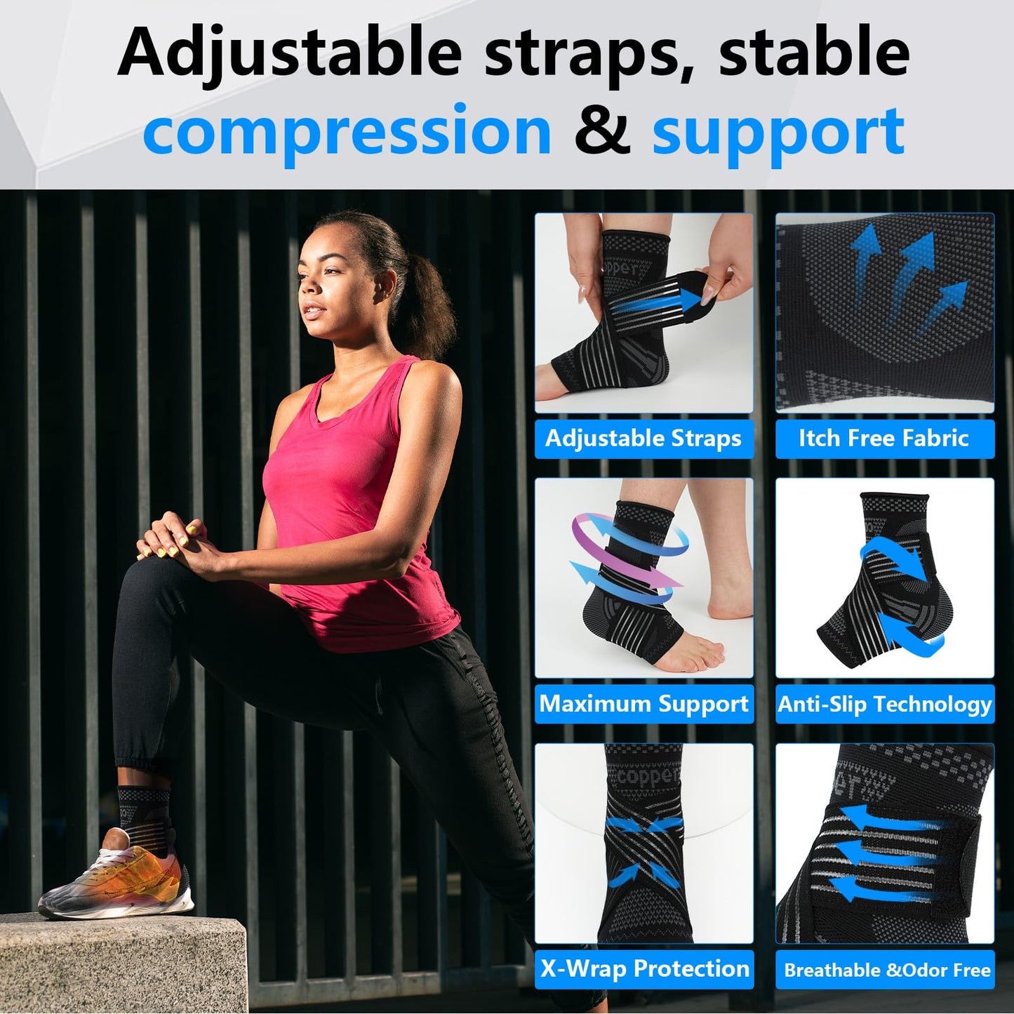 DRNAIETY Copper Ankle Brace for Men & Women - 1 Pair Adjustable Ankle Support Compression Sleeve for Plantar Fasciitis, Achilles Tendonitis, Foot Pain, Swelling, Sprains - Everyday Use (Black, Medium)
