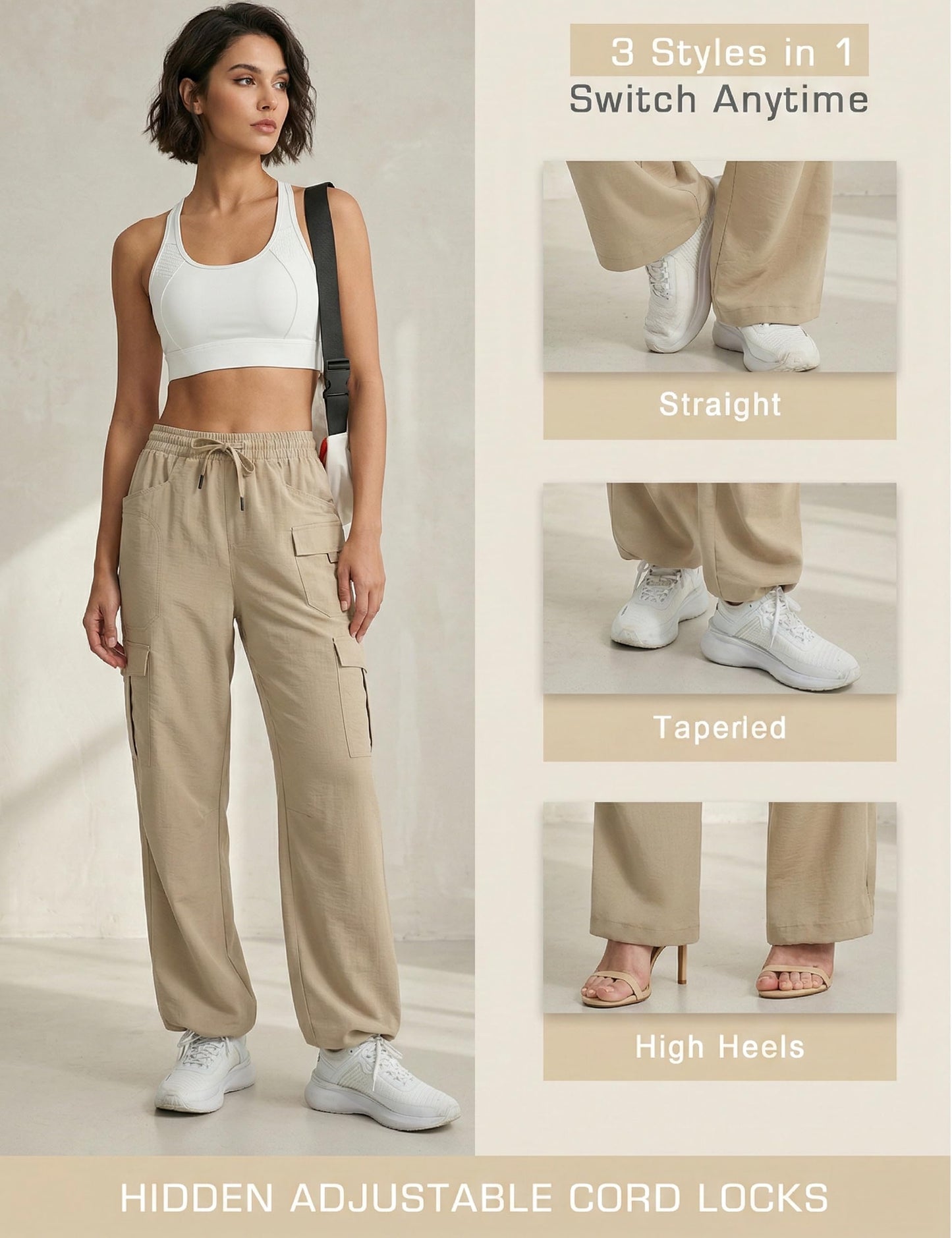 KPSUN Women's Cargo Pants 30" Lightweight Quick Dry Casual Travel Pant Streetwear for Work Hiking Outdoor with 8 Pockets(Khaki M)