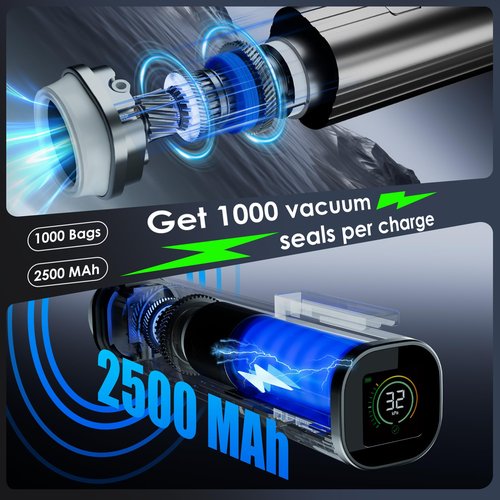 Vacuum Sealer, Portable handheld Vacuum Sealer, (Portable Food Sealer + 30 Reusable Vacuum Bags) With LED pressure display, 2-Speed Pressure Control (60/80 Kpa)