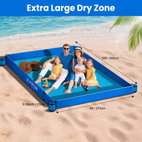 KPCB Tech Beach Blanket Sandproof Waterproof with Fence, 10' x 9' Sand Proof Beach Mat with 4 Weighted SandBags, Portable & Durable Extra Large Sand Free Mats
