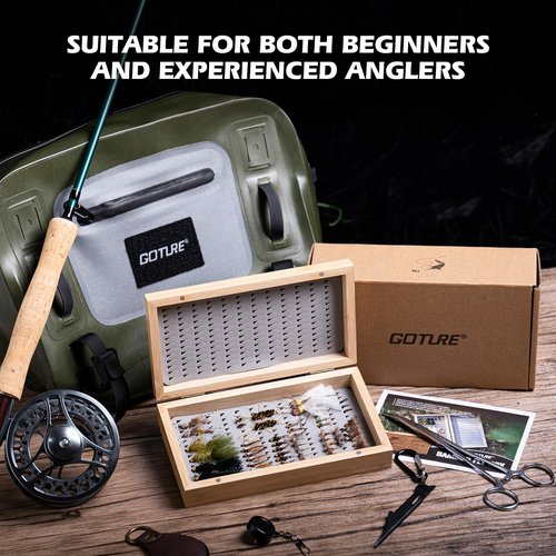 Goture Fly Fishing Flies Kit, 54pcs Dry Wet Flies Streamers Nymphs with Wooden Fly Box, Bass Trout Steelhead Salmon Lures Set Assortment Kit, Gifts for Men
