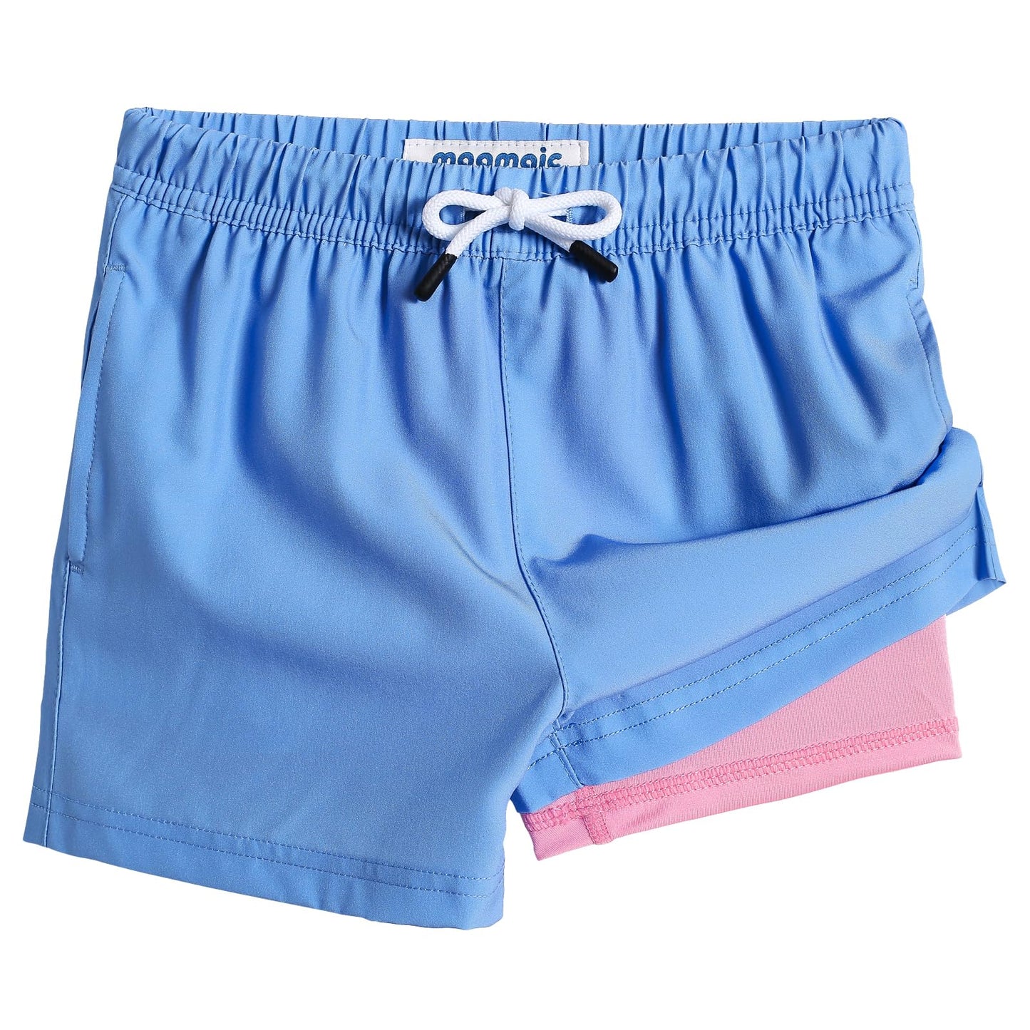 maamgic Boys Swim Trunks with Compression Liner Toddler Stretch Swim Shorts Quick Dry Swimming Trunks Boxer Brief 2 in 1 Beach Shorts Grey Blue Pink 14/16