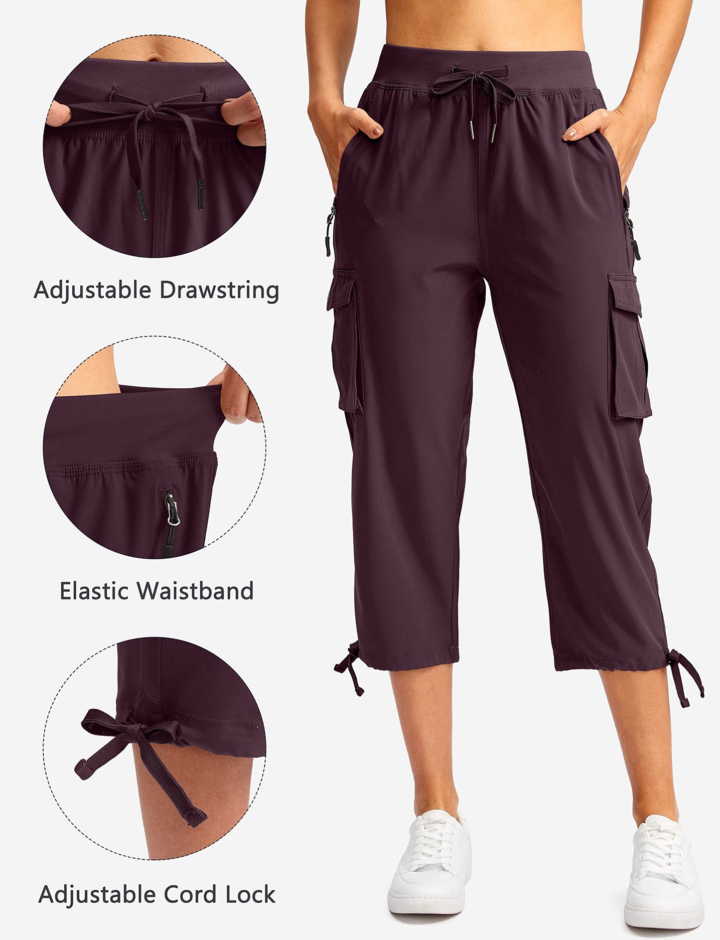 Soothfeel Women's Cargo Capris Pants with 6 Pockets Lightweight Quick Dry Travel Hiking Summer Pants for Women Casual (Wine, 3XL)