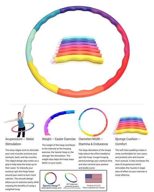 Weighted Hula Hoop, ACU Hoop 3L - 3.3 lb Large, Weight Loss Fitness Workout Sports Hoop with ridges. (Rainbow Colors)