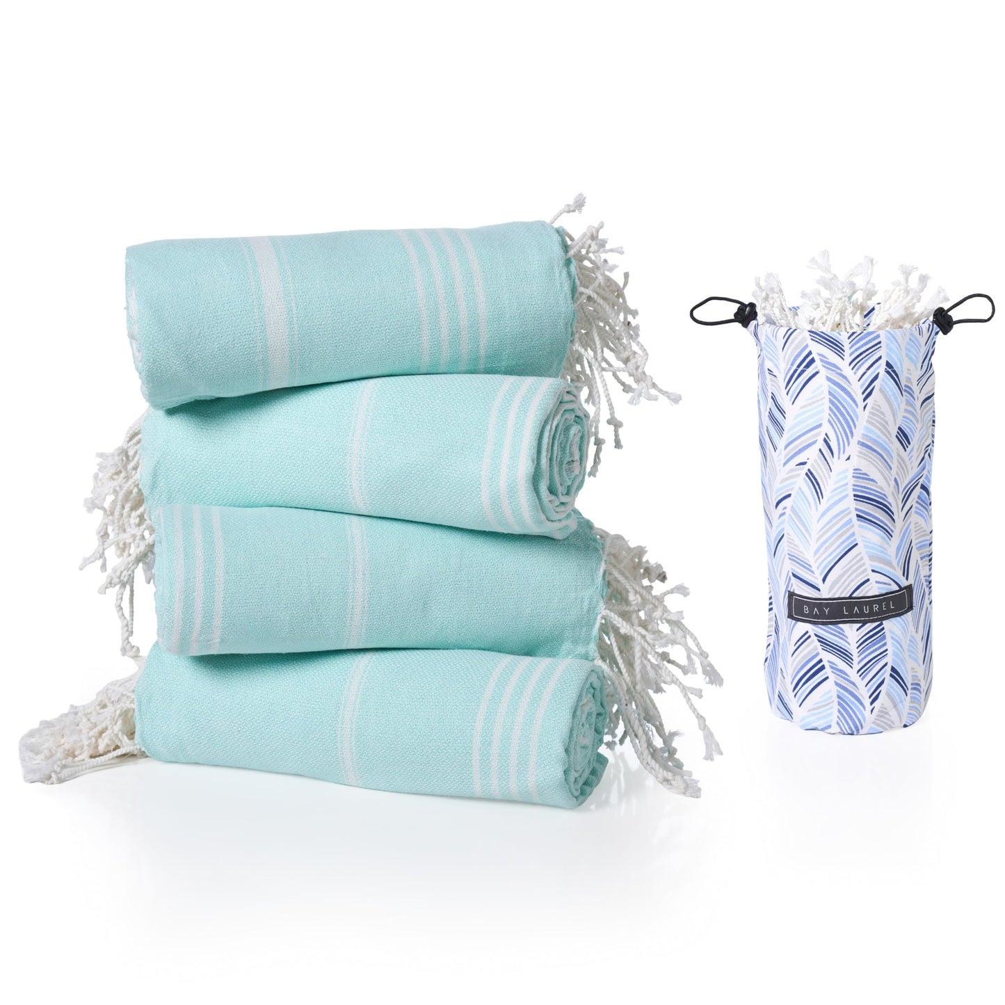 BAY LAUREL 4-Pack Oversized Turkish Beach Towels – Quick Dry, Sand Free Towels with Travel Bags, 39"x71", Lightweight (Pack of 4 - Aqua with Blue Floral Bag)