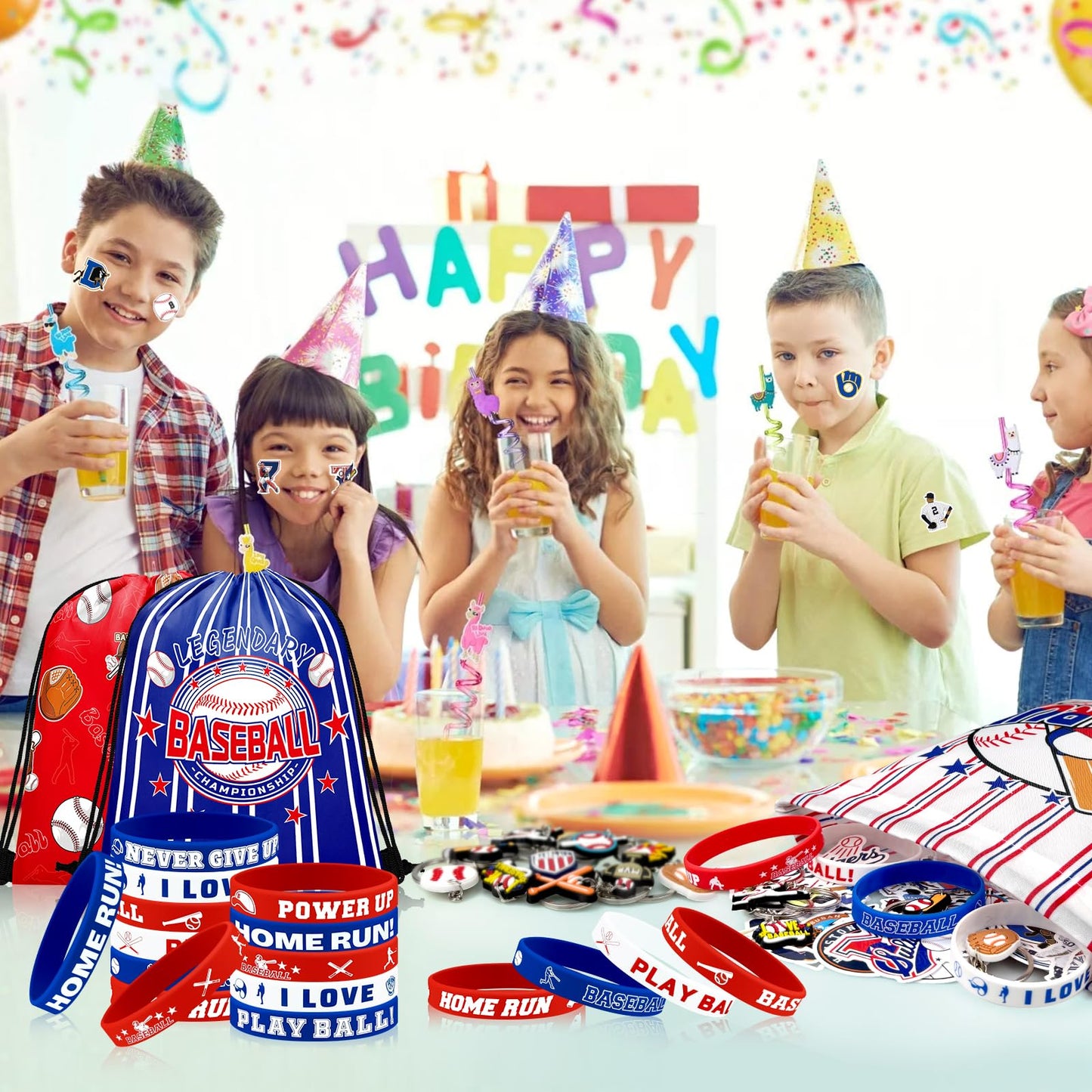 Grneric 110 Pcs Baseball Party Favors, Drawstring Bags Baseball Goodie Bags with Keychains Silicone Bracelets Stickers Gift Bags for Baseball Themed Birthday Party Favors Supplies