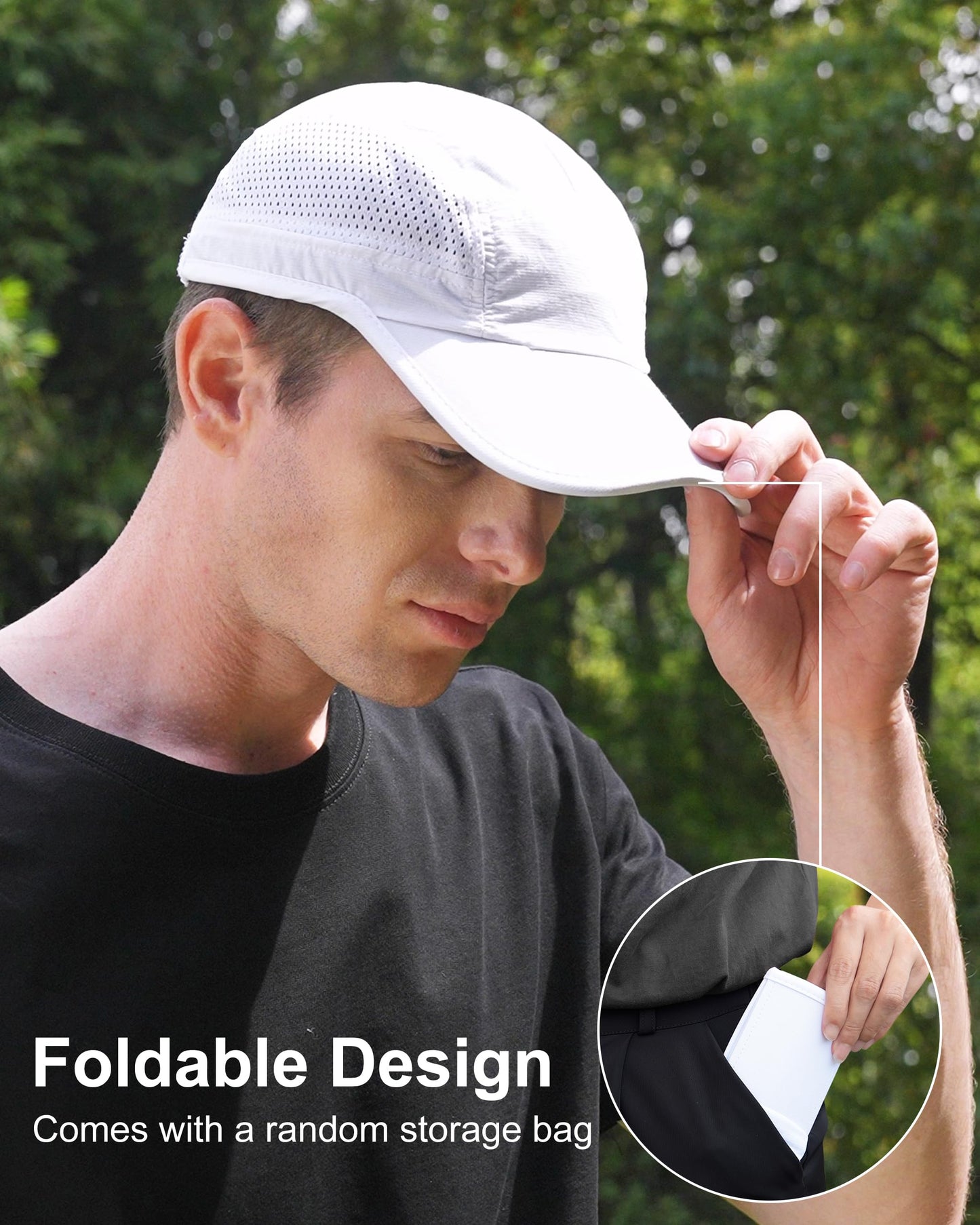 GADIEMKENSD Men Outdoor Hat Reflective Folding Running Sport Hats Summer Cool UPF 50 Sun Unstructured Baseball Caps for Men Women Breathable Light Quick Dry Travel Golf Hat White