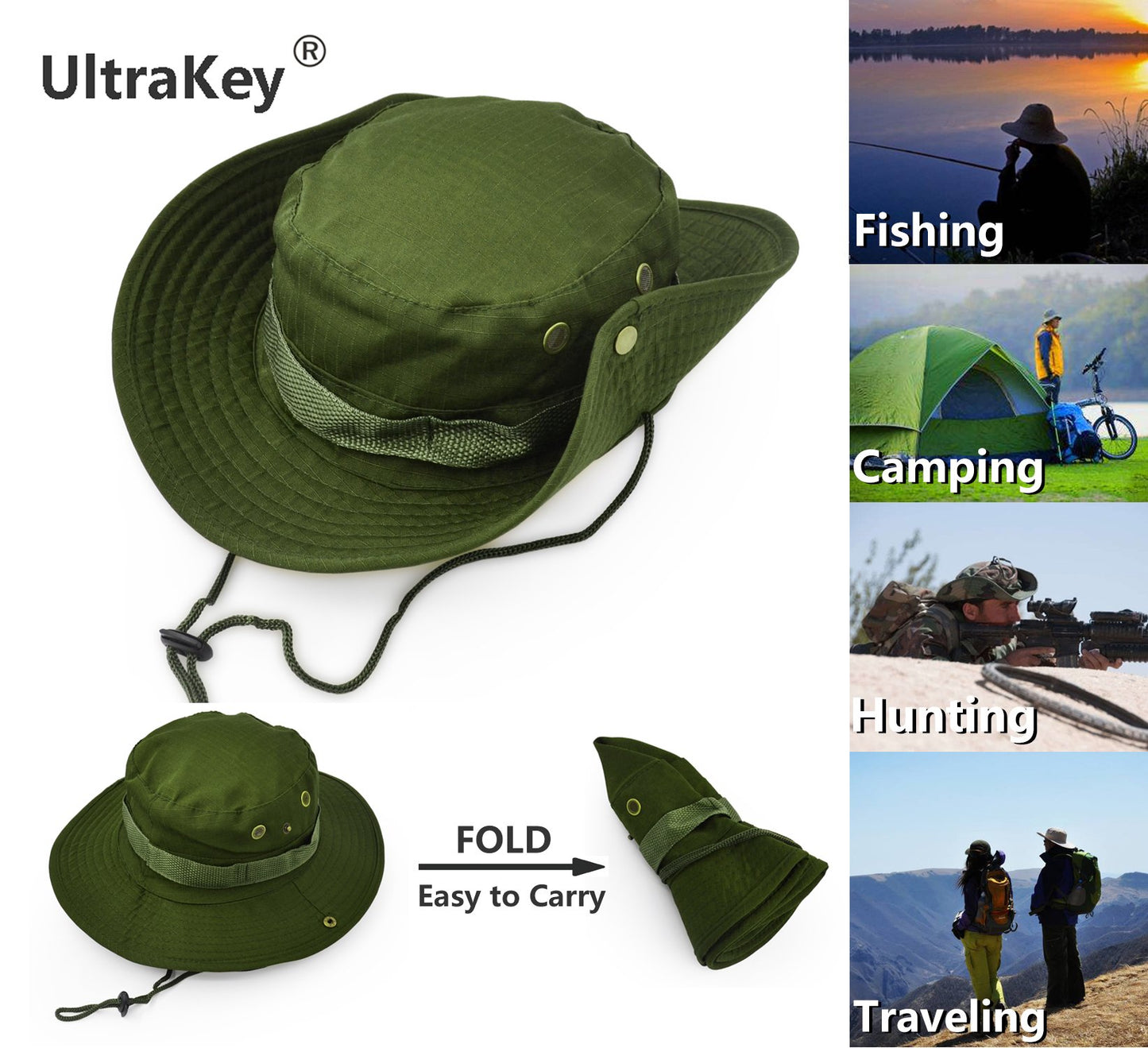 Outdoor Wide Brim Sun Protect Hat, Classic US Combat Army Style Bush Jungle Sun Cap for Fishing Hunting Camping Army Green 5