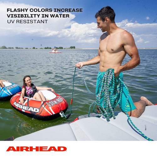 Airhead 2 Section Tow Rope, 1-4 Rider Towable Tube Compatible, Dual Sections, 4,150lb Break Strength, 50 ft and 60 ft Options, Keeper Included