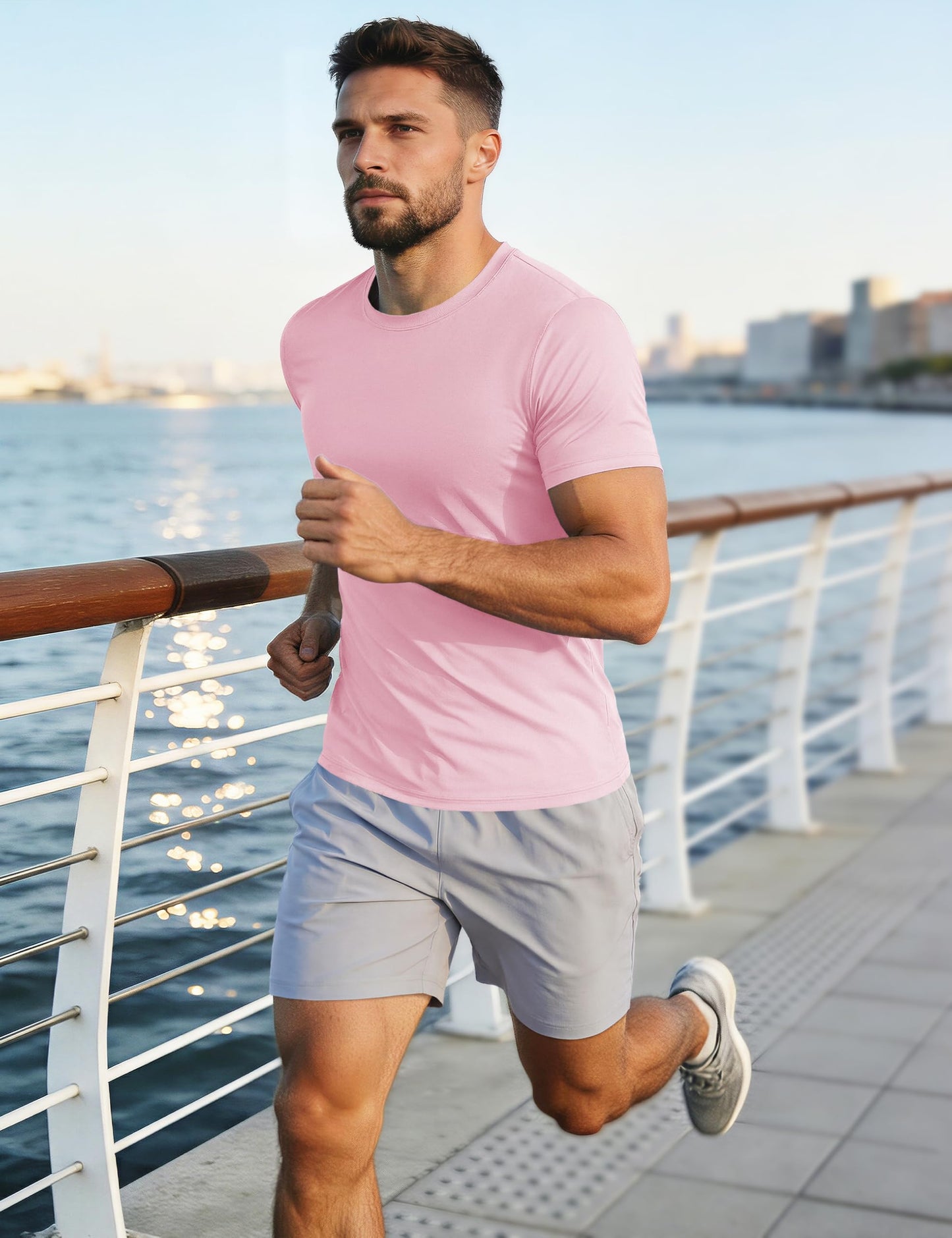 Men's Quick Dry T-Shirt - Sun Protection Running Shirt - Short Sleeve - Light Pink - XL