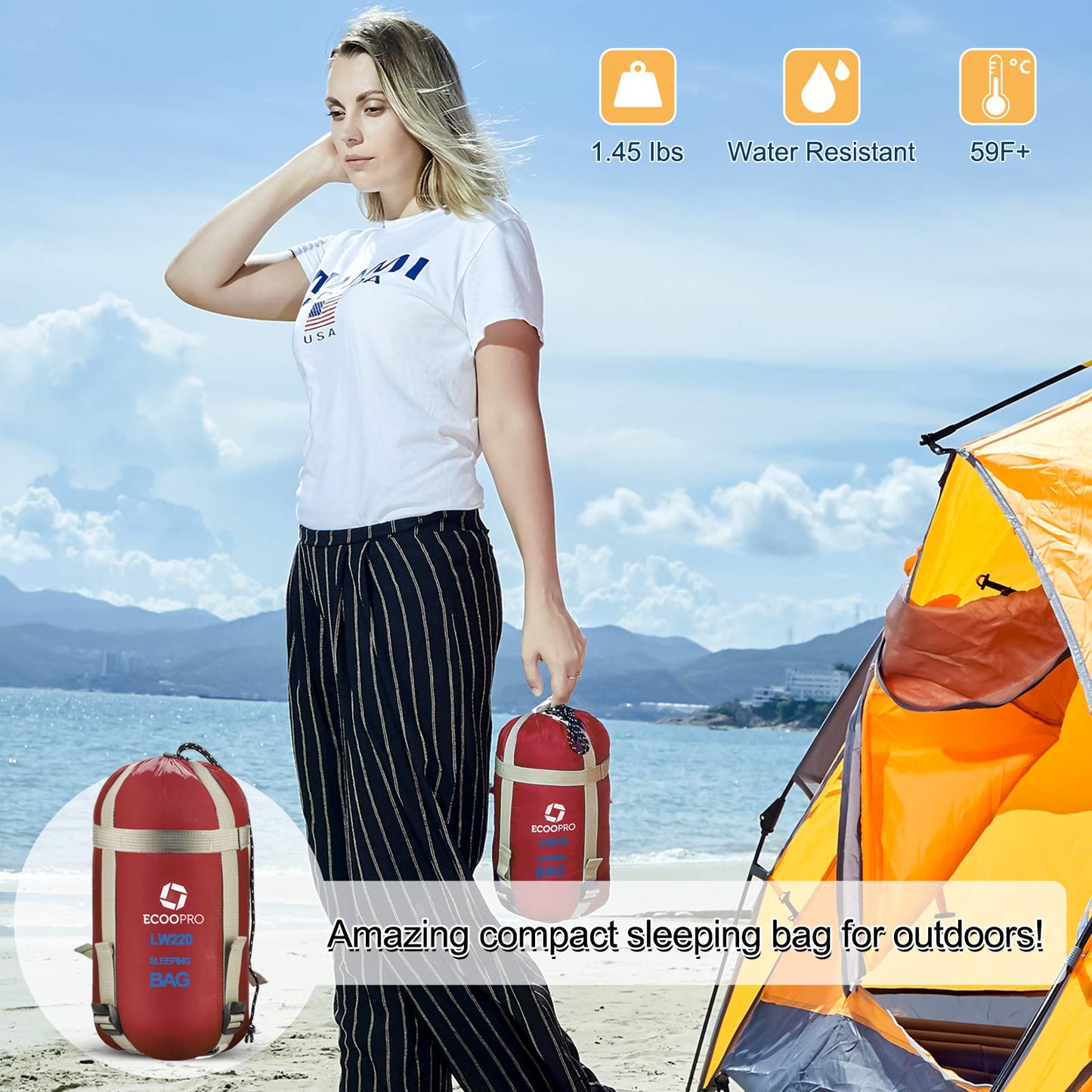 ECOOPRO Warm Weather Sleeping Bag - Portable, Waterproof, Compact Lightweight, Comfort with Compression Sack - Great for Outdoor Camping, Backpacking & Hiking - 83 L x 30 W Fits Adults (G-Wine Red)