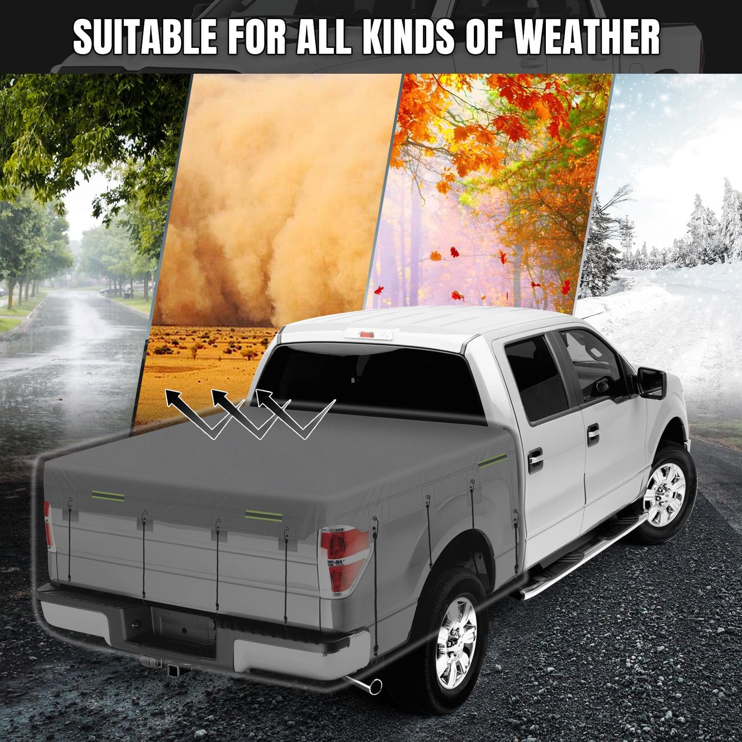 Mid-Size Truck Bed Tarp Cover Compatible with Toyota Tacoma, Ford Ranger and Nissan Frontier 5Ft-5.3Ft Short Bed, 600D Heavy Duty with 12 Elastic Cords Pickup Bed Tarp for Snow Rain Dust Protection