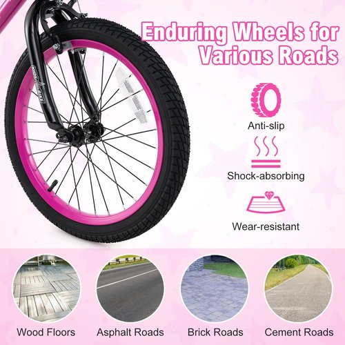 BABY JOY Starry Kids Bike, 12 14 16 18 Inch Bicycle with Training Wheels, Storage Basket, Adjustable Handlebar & Seat, Handbrake & Coaster Brake, Girls Boys Bike (18 Inches, Kickstand, Pink)