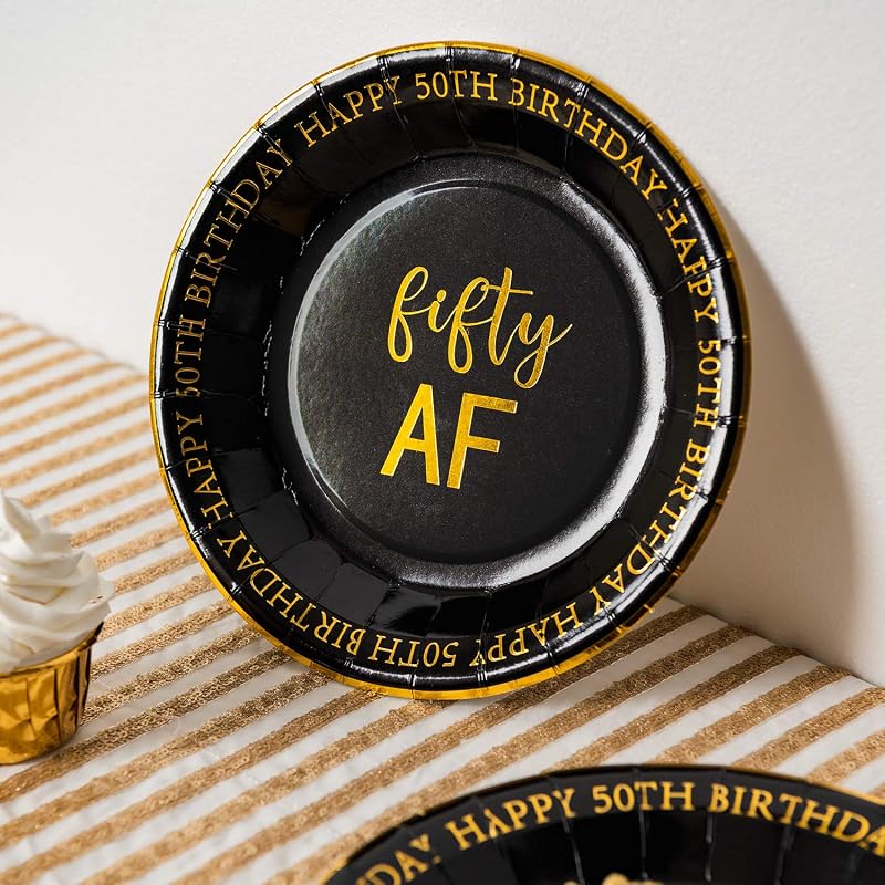 50th Birthday Plates 9 In - Gold Foil 50th Anniversary Party, BPA-Free 50 Ct
