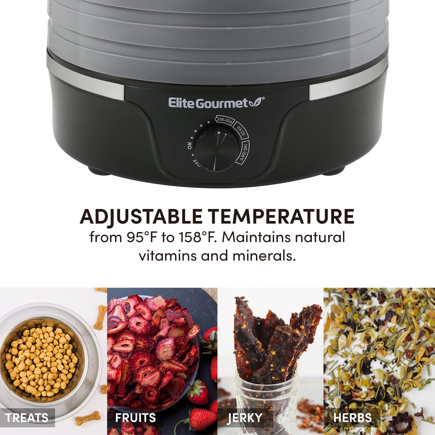 Elite Gourmet EFD319BNG Food Dehydrator, 5 BPA-Free 11.4" Trays, Black/Grey