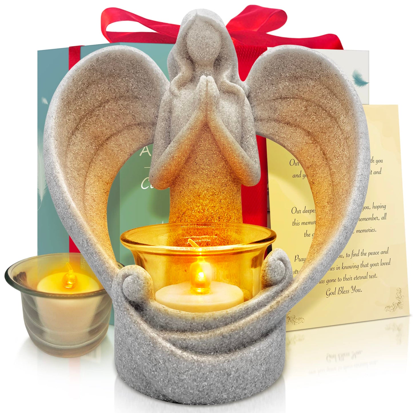 OakiWay Memorial Candle Gifts – Angel Figurines Tealight Candle Holder, Sympathy Gifts for Loss of Loved One, W/Flickering Led Candle, Bereavement, Grief, Funeral, Remembrance, Memory Home Decorations