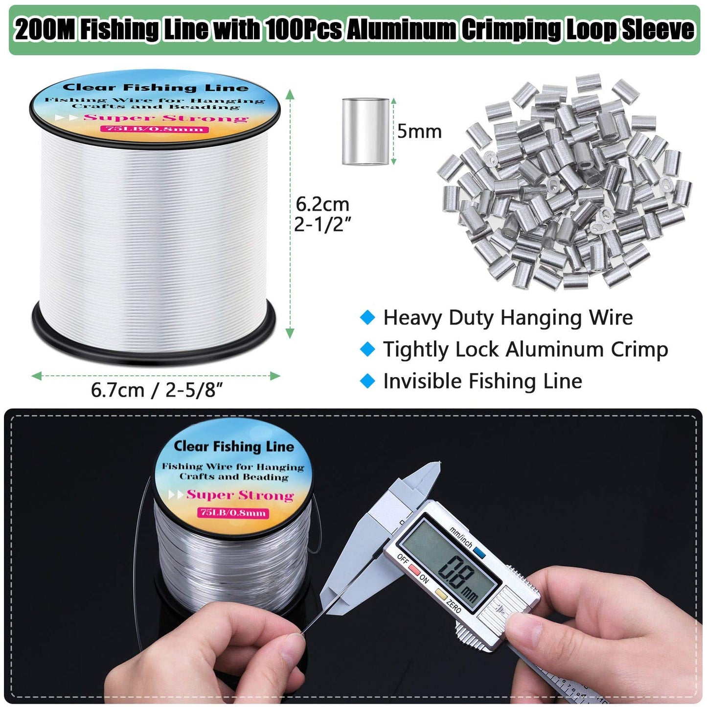 Hanging Wire Clear, Acejoz Thick Fishing Line Nylon String Picture Frame Wire with 100Pcs Crimps Sleeves 70lb Invisible Line for Balloon Garland Picture Hanging Decoration and Crafts (656 Feet)