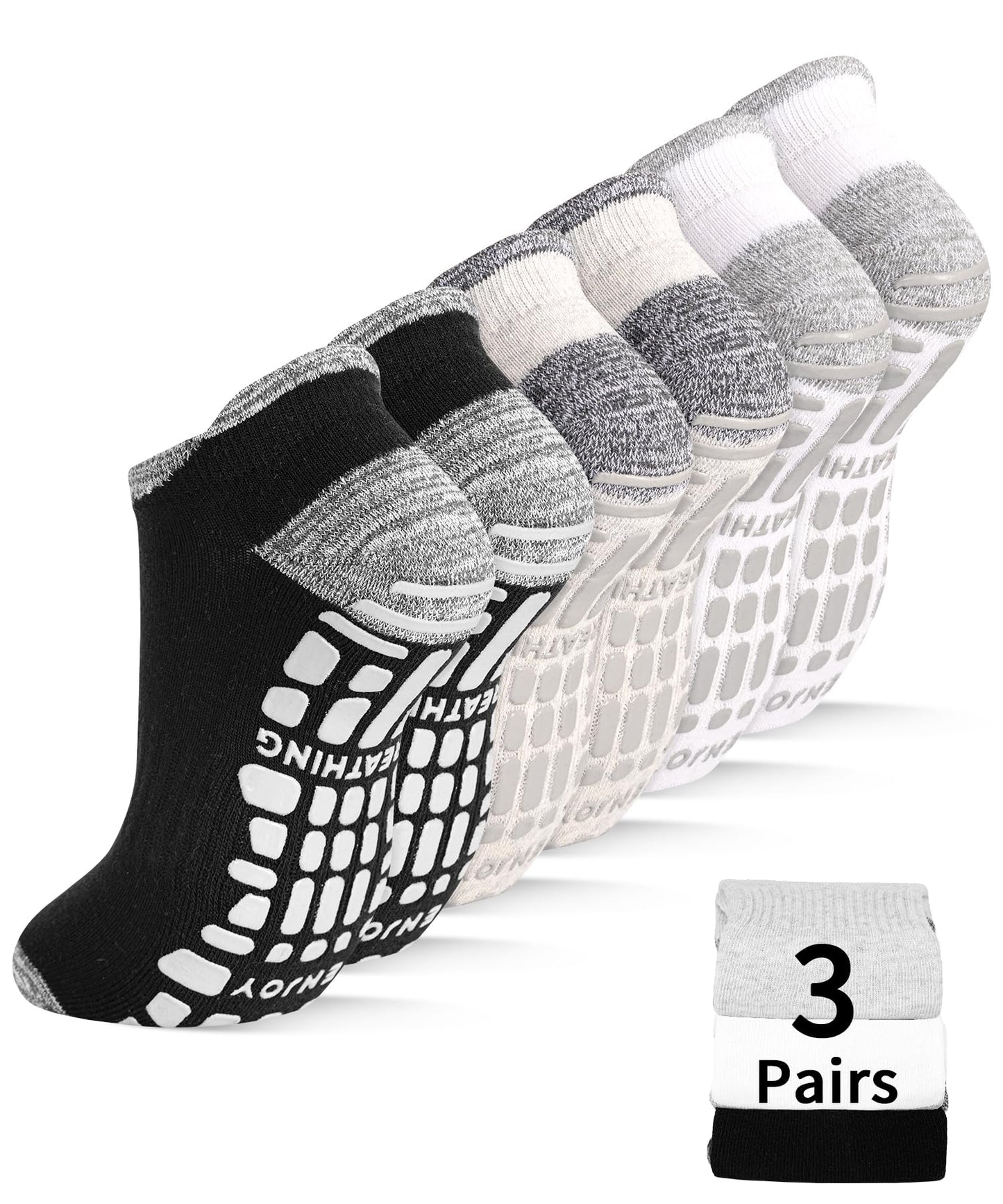 SkiBeaut Pilates Grips Men Women Socks,3 Pairs Unisex Yoga Non Slip Grips Cushion Sticky Barre Hospital Socks for Man Woman,US Size 11-13