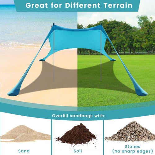 Beach Tent - Beach Shade UPF 50+ UV Protection, 9.8 x 6.5 FT, Anti-Wind Beach Canopy with 2 Poles, 2 Windproof Ropes, 1 Portable Bag, Beach Tent Sun Shelter Perfect for Picnics, Outdoors - Turquoise