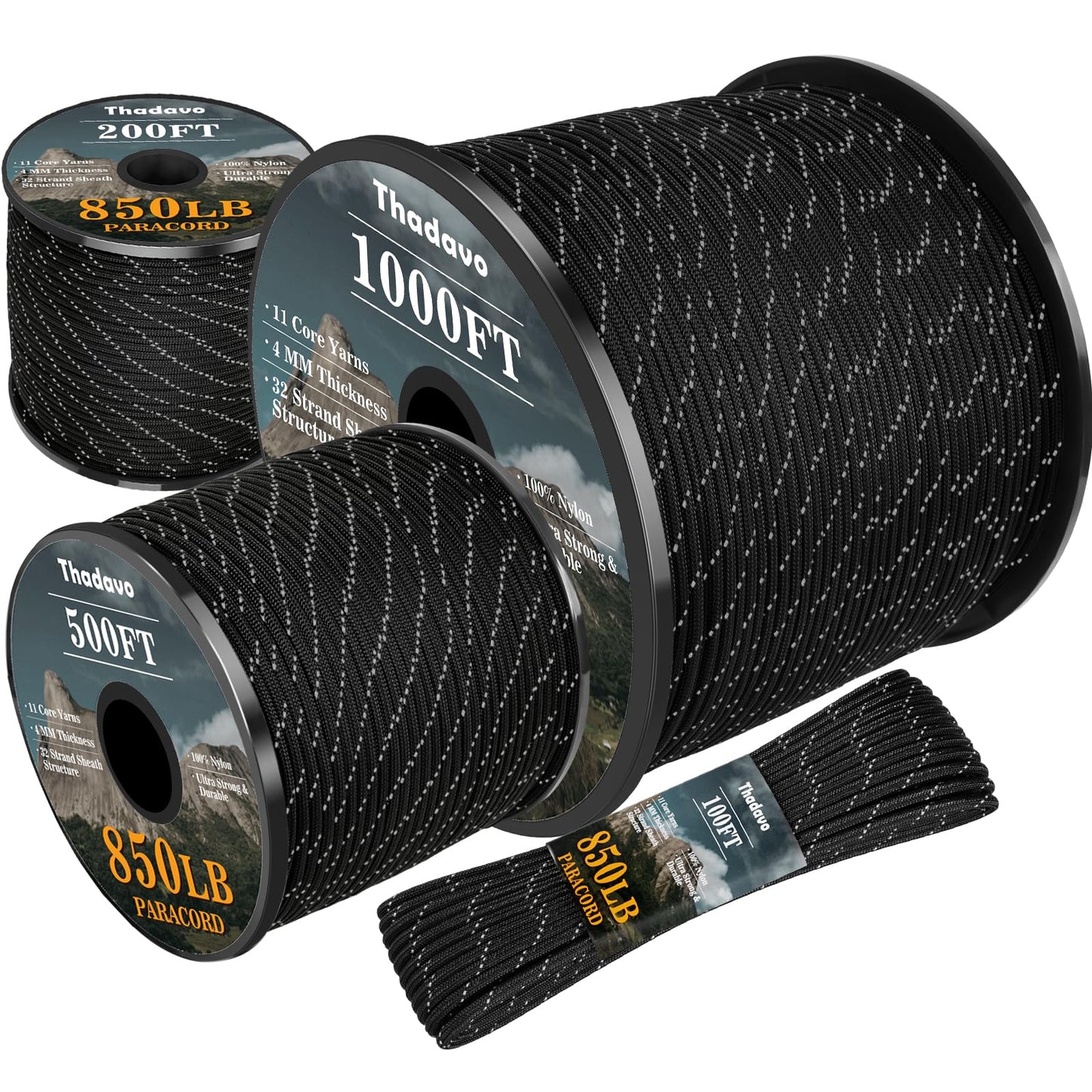 Thadavo Reflective Paracord Rope 850Ib, 50/100/200/500/1000ft 4MM 11 Strand para Cords Lanyard Utility Parachute Cord for Tent Camping Hiking Fishing Survival Clothesline DIY Projects, Black 50FT