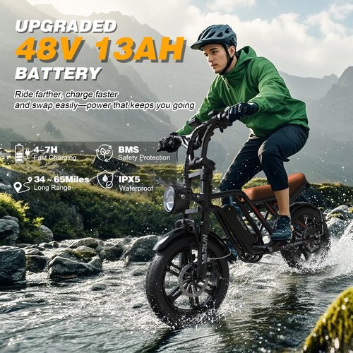 VARUN Electric Bike Peak 750W - 65+ Miles Long Range Electric Bike for Adults - Reaches 25MPH, 48V 13Ah Battery, Full Suspension, 7-Speed All-Terrain 20" Fat Tire Electric Motorcycle Dirt Bike