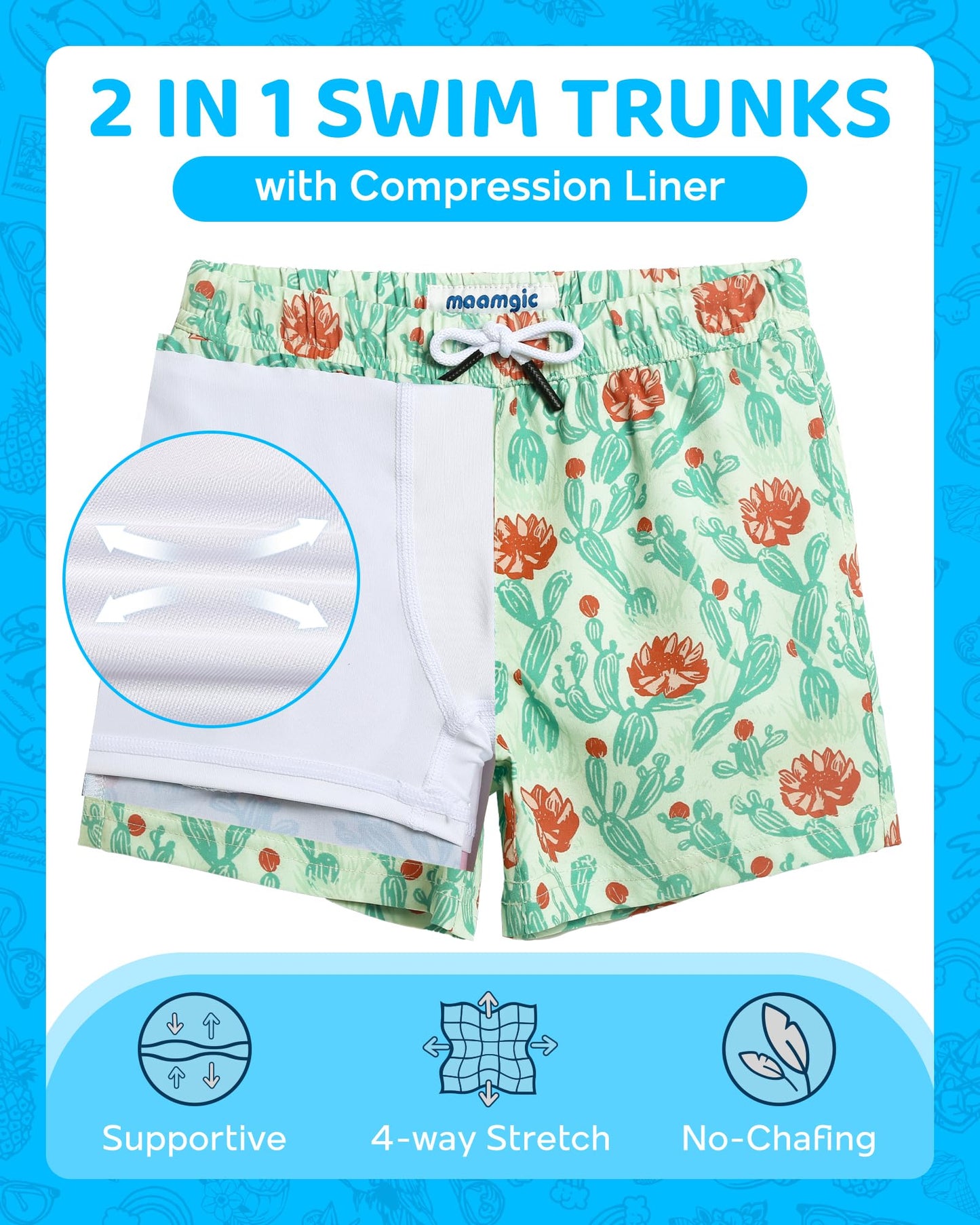 maamgic Boys Swim Trunks with Compression Liner 4-Way Stretch Quick Dry Swim Shorts Swimming Trunks Toddler Boy Cactus Flower Green 7 Years