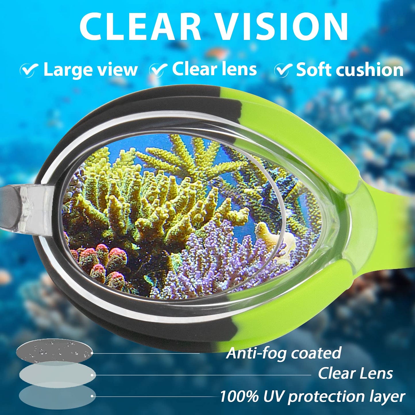Keary Kids Swim Goggles for Toddler Children Girls Boys Youth, Anti-Fog Waterproof UV Protection Crystal Clear Vision Flat Lens Water Pool Goggles with 3 Nose Pieces