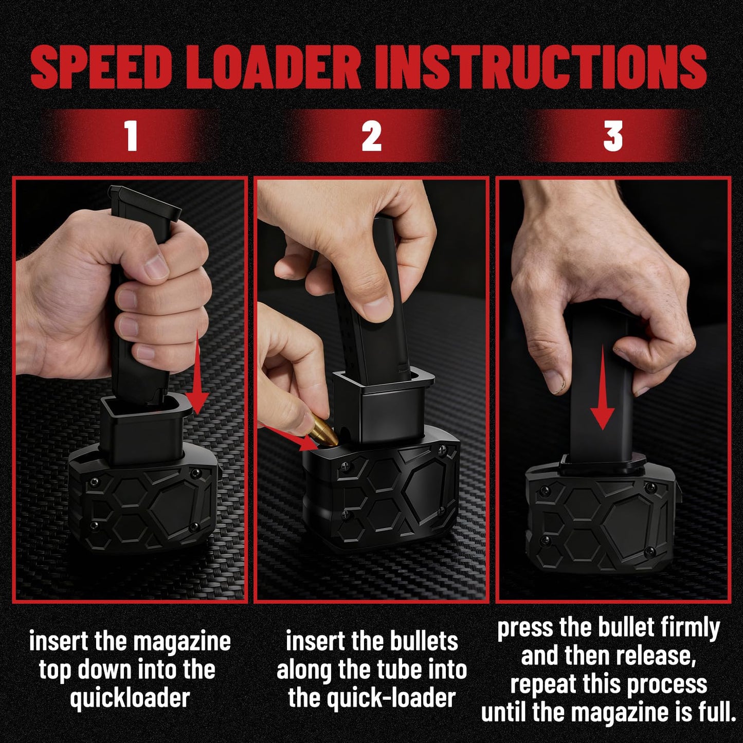 Jevuoyee Universal Speed Loader for 9mm & .40 SW - 2-Step Rapid Magazine Loader Compatible with Glock 17/19/22/23/26/34/45/47 & More, Effortless & Jam-Free Reloading, Perfect Shooting Gift (Black)