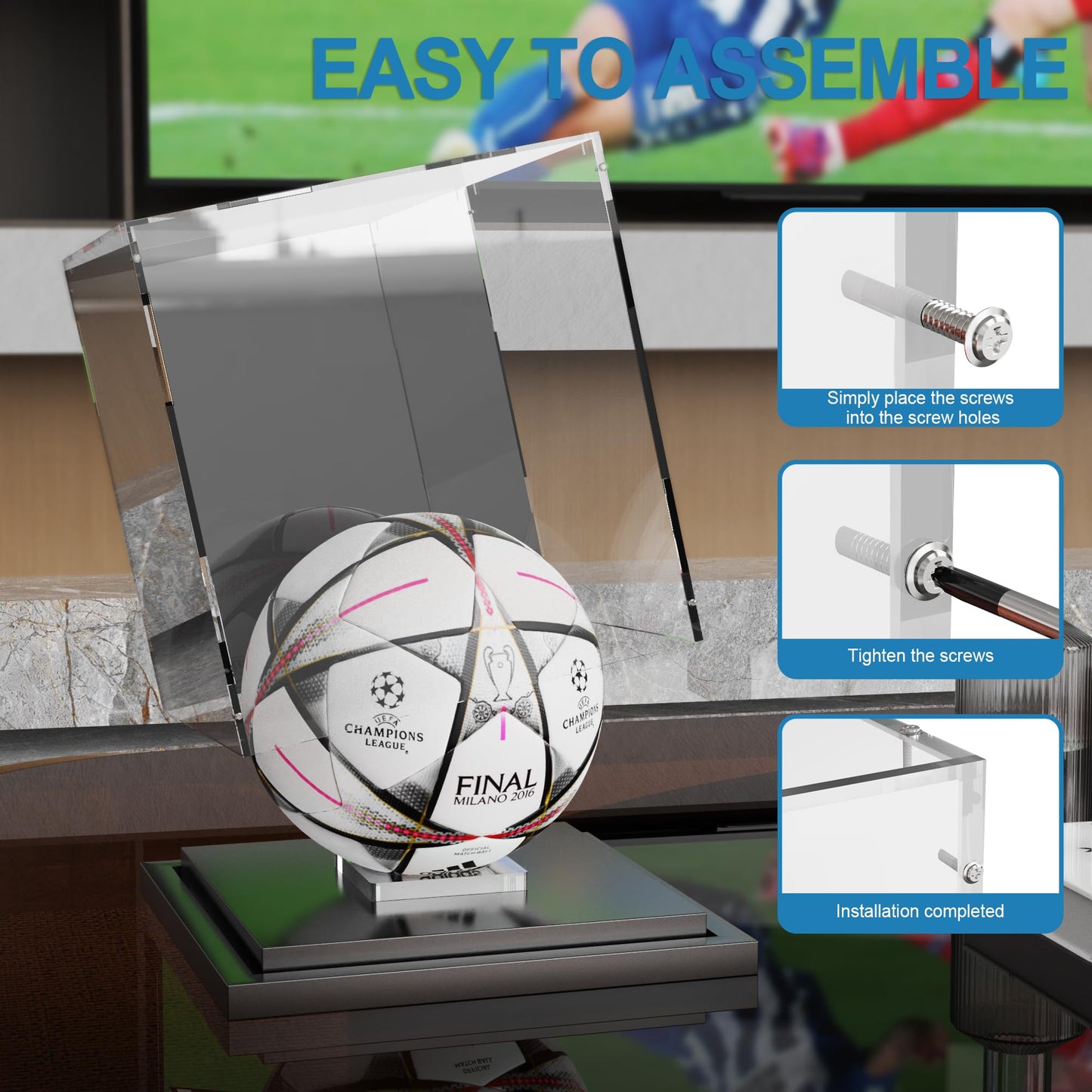 Xiomot Soccer Ball Display Case Clear Acrylic Display Case Box with Mirror Back and Black Metal Grooved Base Stackable Holder with Removable Built-in Soccer Ball Stand for Sports Collectibles