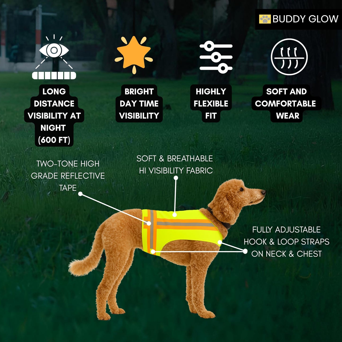 Reflective Dog Vest. High Visibility Yellow Safety Vest for Outdoors. Safeguard Your Dog with Easy to wear Adjustable and Breathable Reflective Gear (Medium)