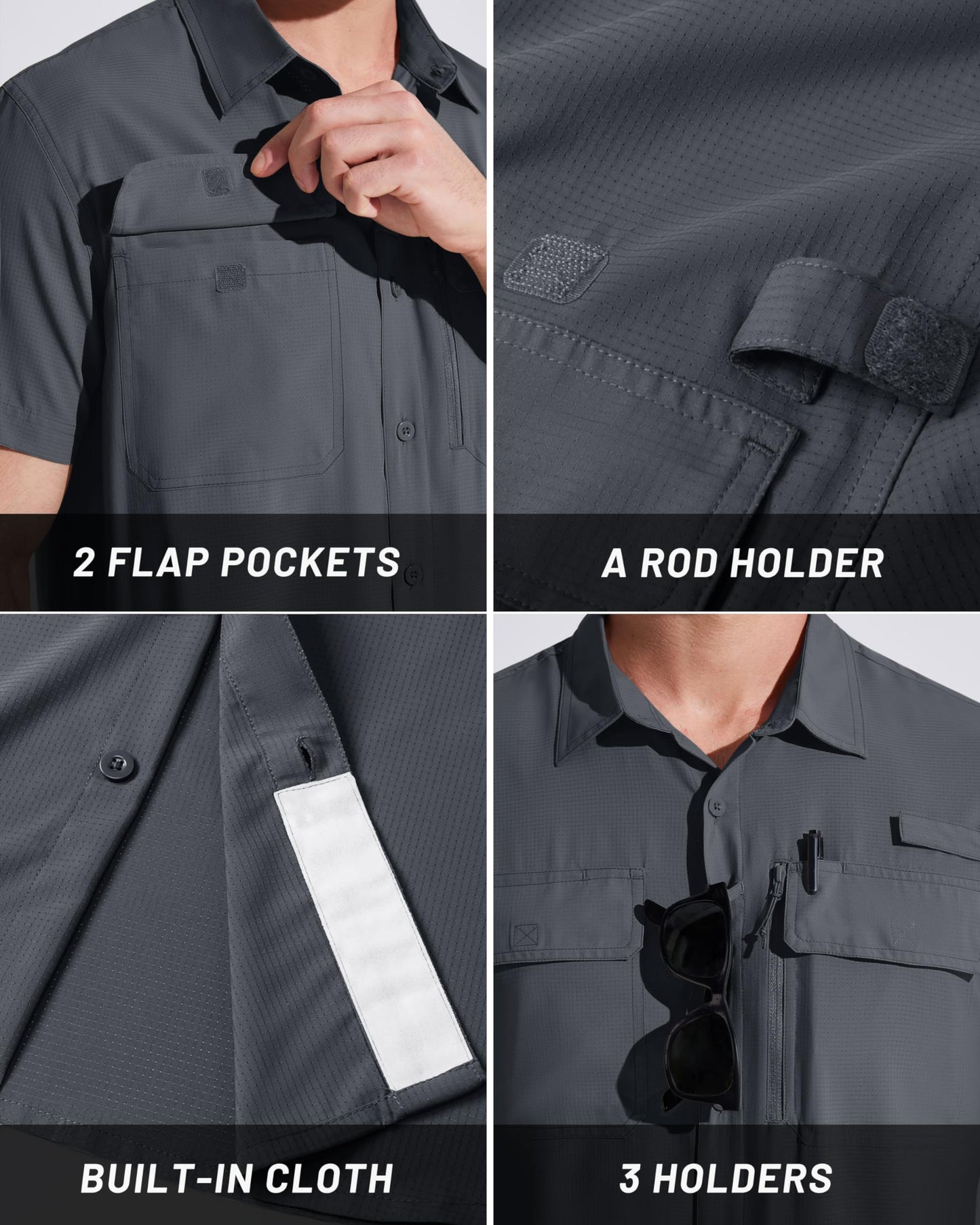 MAGCOMSEN Sun Shirts for Men Short Sleeve SPF Performance Fishing Shirts Dry Fit Light Weight Button Up Work Shirts Dark Grey M