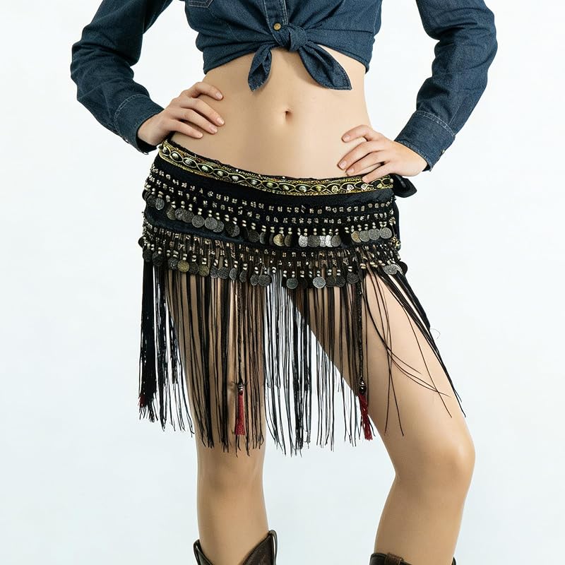Black Large Velvet Belly Dance Tribe Belt Tassel Hip Scarves – Waist 66.93in