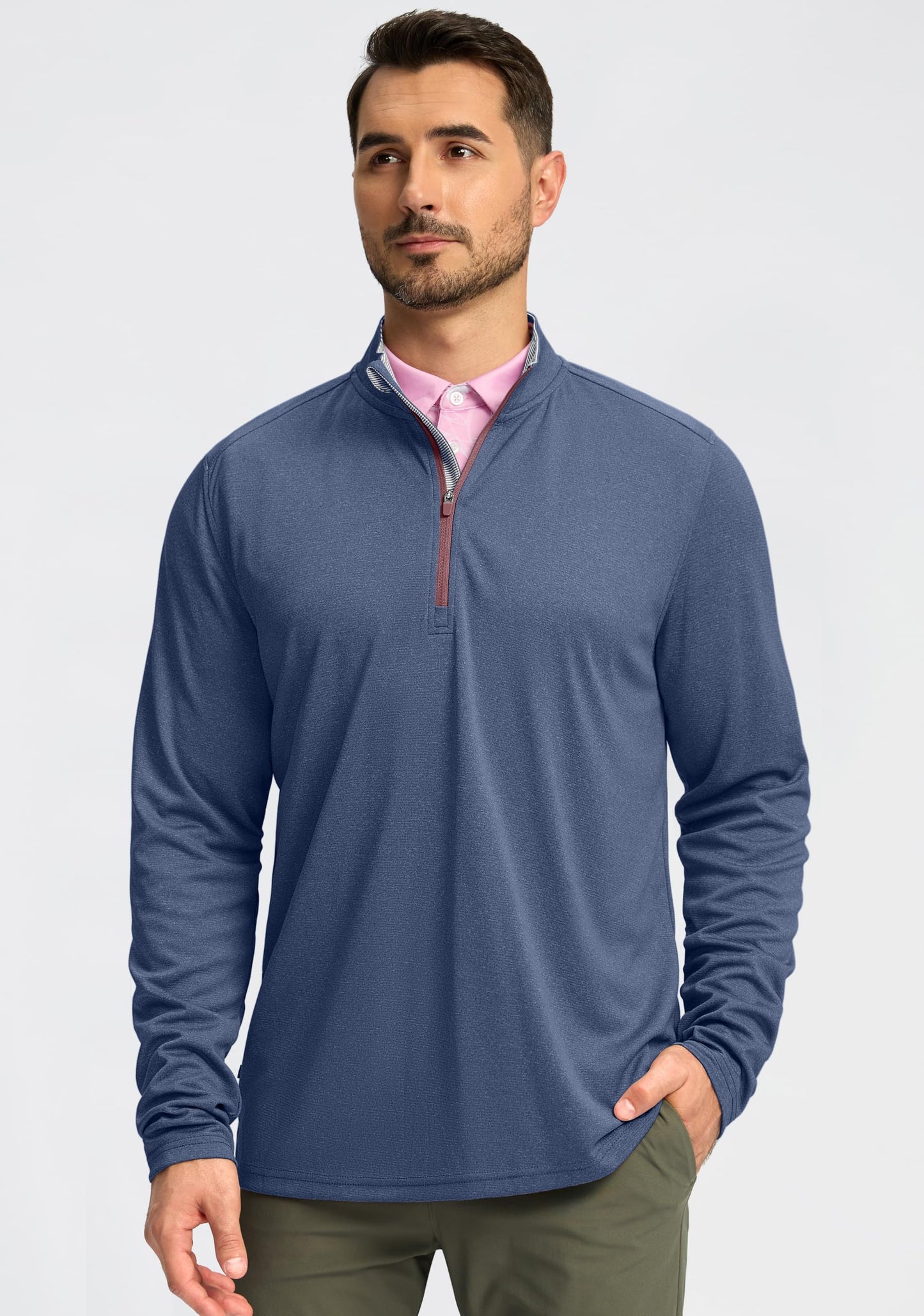 Obla Golf Quarter Zip Pullover for Men Mock Neck Sweatshirt Lightweight Sun Protection Men's Long Sleeve Golf Shirt (Deep Blue Melange_XL)