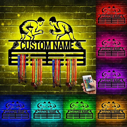 XIAO.Z Personalized Metal Wrestling Medal Hanger Holder Display Rack for Awards Ribbons With Led Light- Custom Sports Medal Holder for Wall,Medal Hanger Display Award Rack With Boy Girl Kid's Name