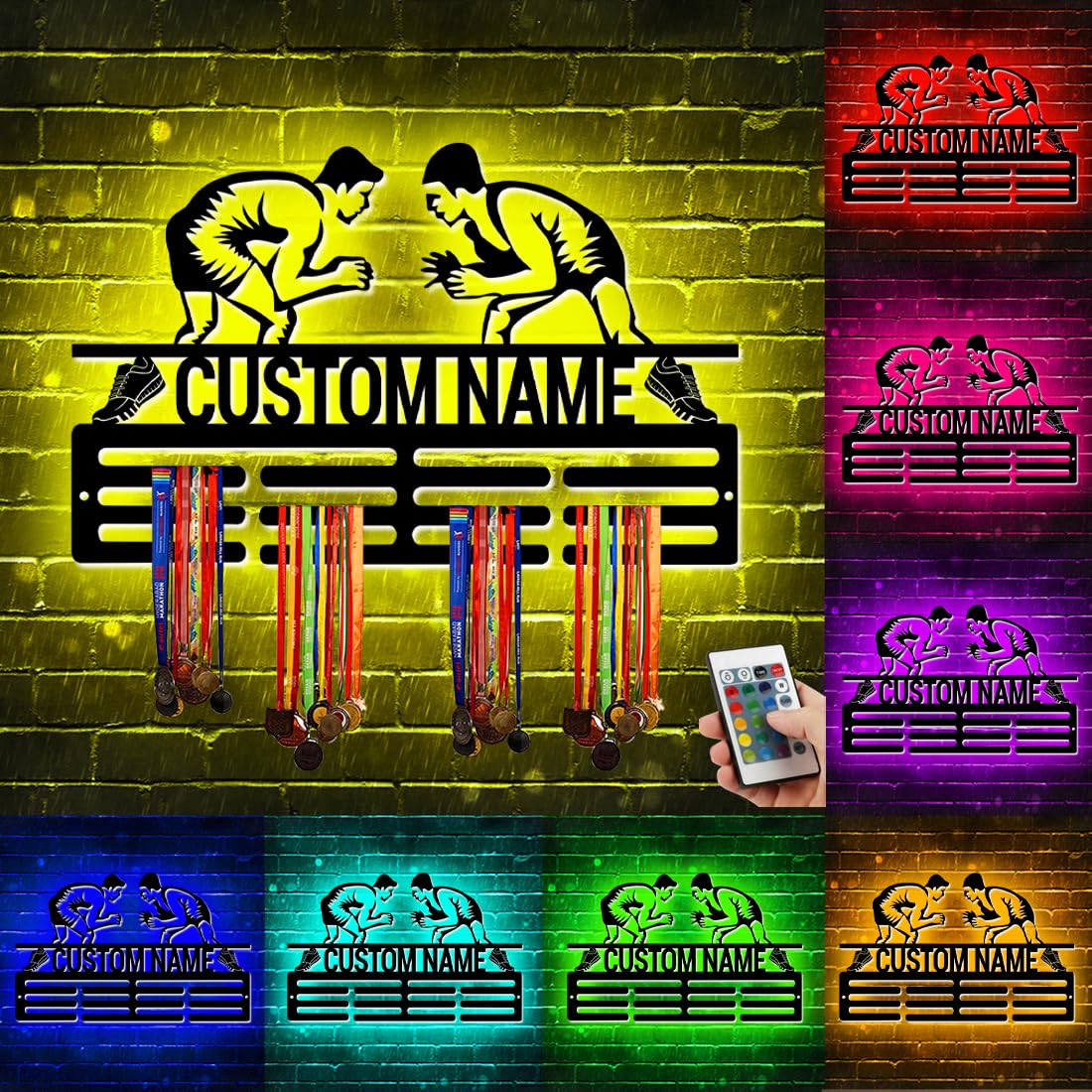 XIAO.Z Personalized Metal Wrestling Medal Hanger Holder Display Rack for Awards Ribbons With Led Light- Custom Sports Medal Holder for Wall,Medal Hanger Display Award Rack With Boy Girl Kid's Name