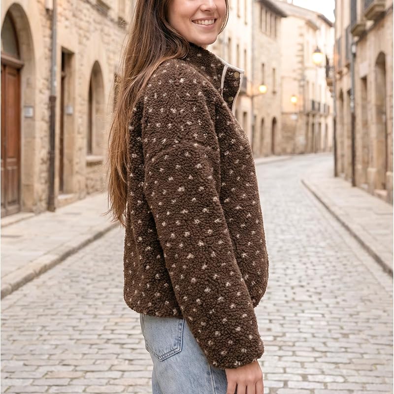Hixiaohe Women's Fleece Pullover Sherpa Jacket - High Neck, Brown, Medium