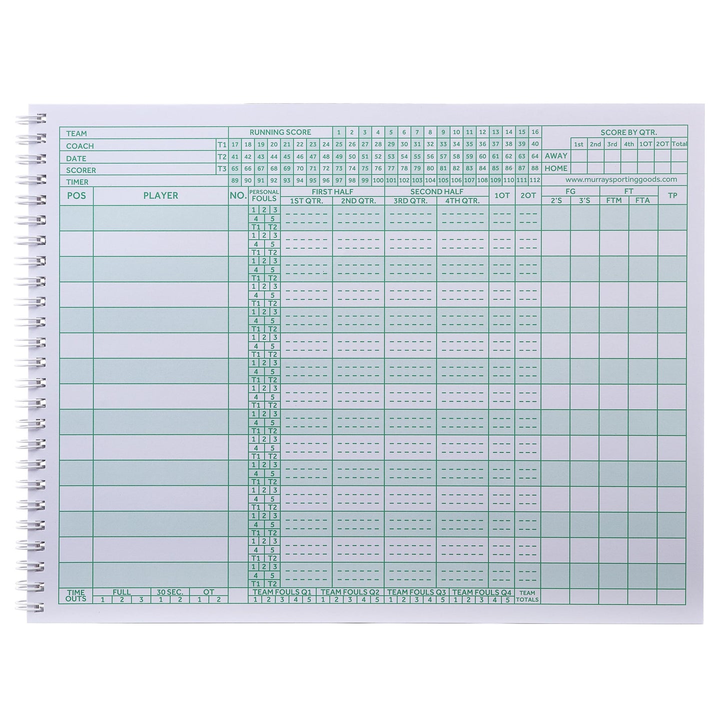 Murray Sporting Goods Classic Basketball Scorebook - 35 Games Green Score Keeper Book | Stat Tracker Scoresbook for Youth Basketball (1)