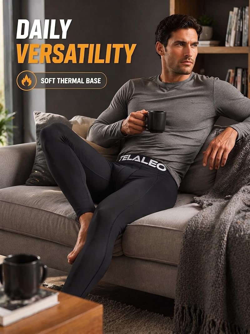 Thermal Compression Pants for Men — Fleece Lined Long Johns, 4 or 5 Pack, TELALEO (5black, Large) Variation