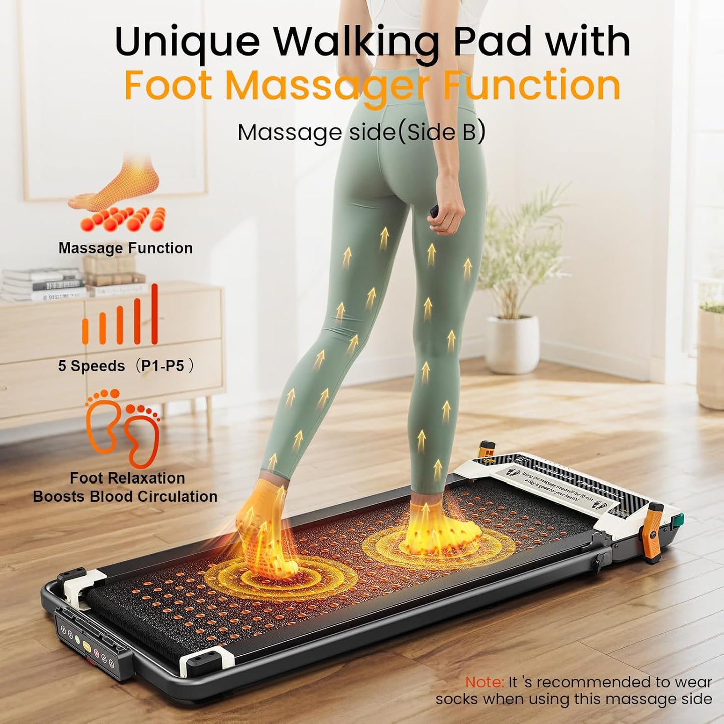 2 Side Walking Pad Treadmill with Incline Massage Function, 2 in 1 Under Desk Treadmills Walking Pad and Foot Massager for Home/Office, Portable Treadmill with Remote Control LED Display