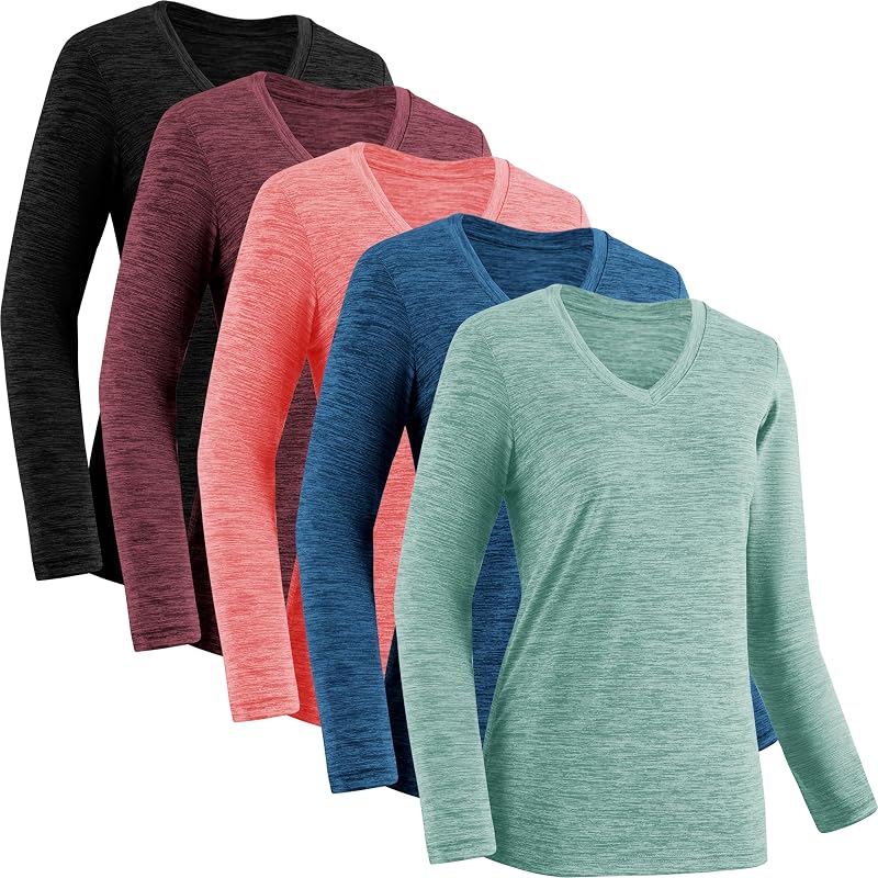 TVKSOM Moisture-Wicking Womens Long Sleeve Workout Top - 5 Pack (Black, Blue, Watermelon Red, Red, Green)