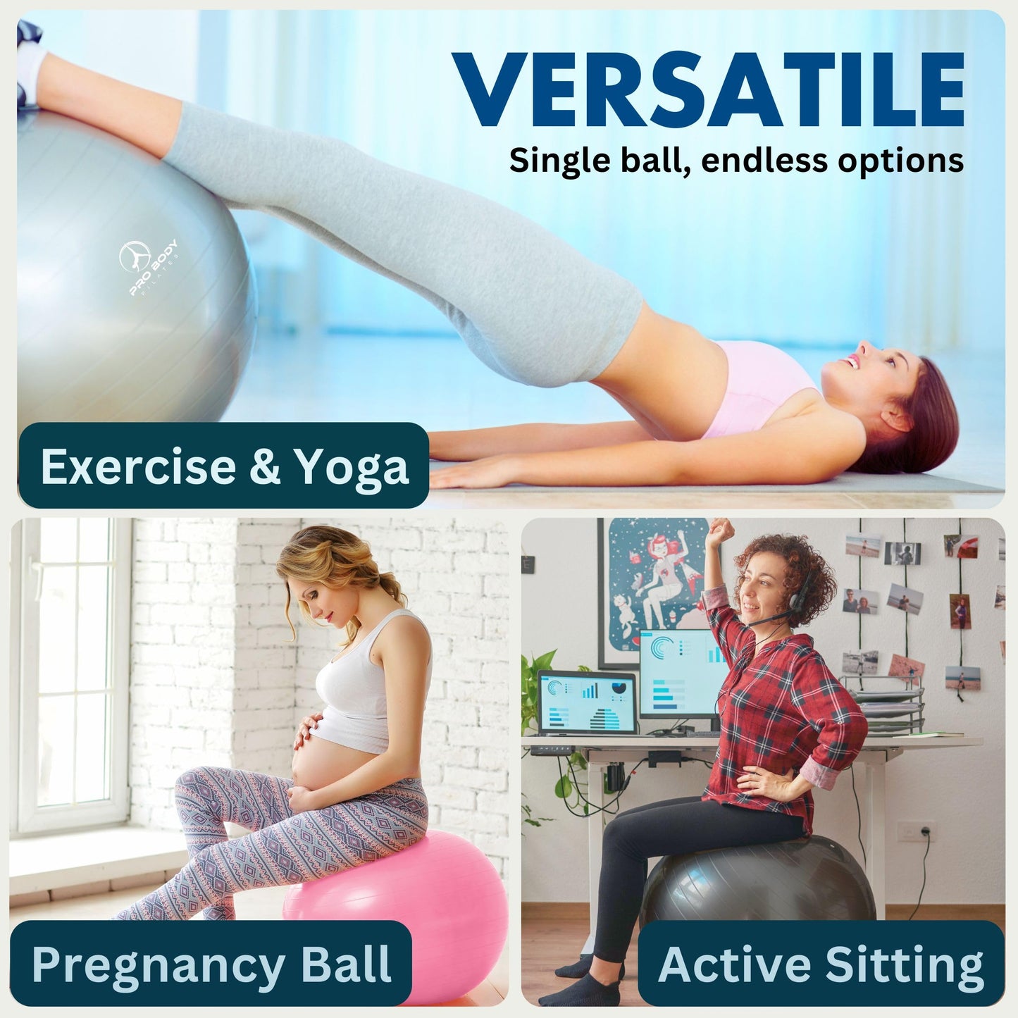 ProBody Pilates Exercise Ball - Multiple Sizes Gym Grade Balance Ball for Fitness, Workout, Pregnancy & Physical Therapy, Stability Yoga Ball Chair (Silver, 55cm)