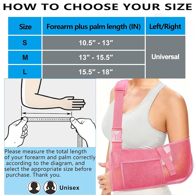 Mesh Arm Sling Shoulder Immobilizer for Rotator Cuff Injury, Reversible Left/Right, Breathable Adjustable Support (Pink, Medium)