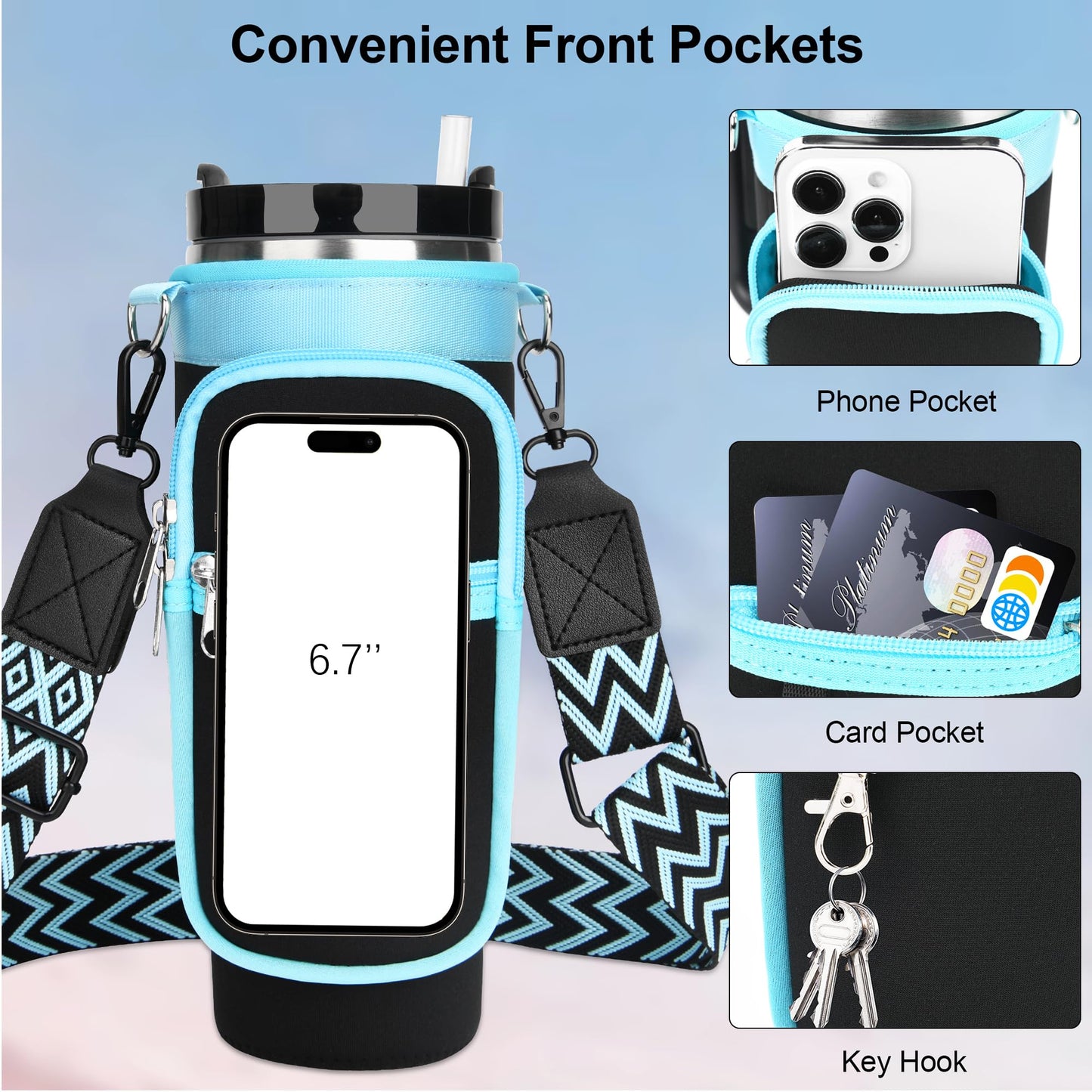 Sernaxi Water Bottle Carrier Bag with Strap for Stanley 40/30 oz Tumbler with Handle, Water Bottle Holder Pouch with Phone Pocket for Stanley Cup Accessories, fit Walking Hiking Travel
