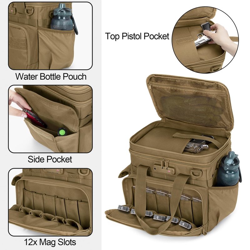 GOBUROS Tactical Gun Range Bag with 3 Pistols Capacity and TSA Lock, Gun Duffle Bag with 2 Small Pistol Cases and 12x Magazine Slots, Multi-Pockets for Hunting and Shooting Range Gear, Khaki