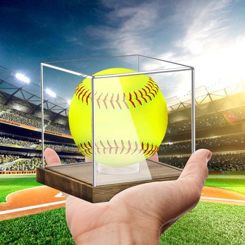 Hooqict Softball Display Case Clear Acrylic Ball Holder UV Protected with Wood Base Stand, Softball Case Display Box Championship Square Box for Golf Tennis Game Ball Baseball