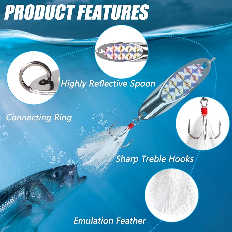 5 Pcs Fishing Spoon Lures Kit - 3/4 oz Reflective Treble Hook Spoons for Saltwater & Freshwater