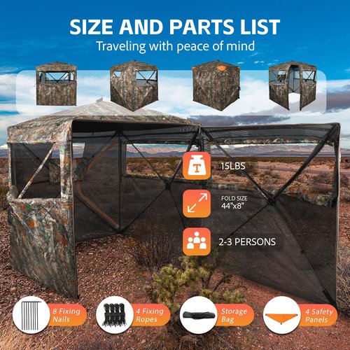 FUNHORUN Hunting Blind 360 Degree See Through Double Door Ground Blind for Hunting, 2/3 Person Pop Up Portable 58" Camouflage Deer/Turkey Tent with Blaze Orange Safety Panels